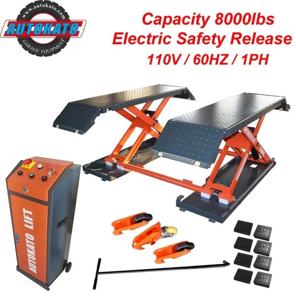Attachments included with the Katool KT-X85 Electric Mid Rise Scissor Lift – lifting blocks, ramps, and portable kit for flexible garage installation.

