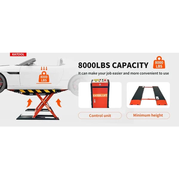 Lifting capacity details of the Katool X90E Scissor Lift – supports up to 8,000 lbs for sedans, SUVs, and light trucks.

