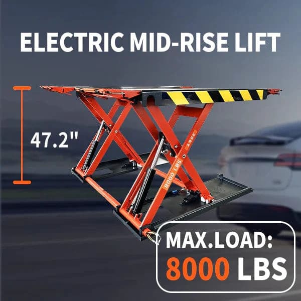 Dimensional specifications of the Katool X90E Scissor Lift – shows platform length, width, and overall footprint for garage planning.

