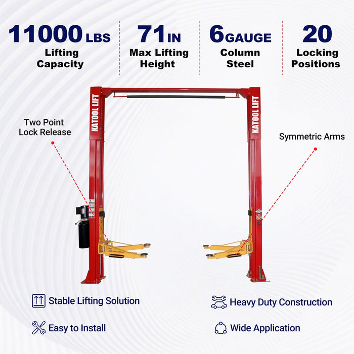 Katool KT-M110 11,000 lb Two-Post Clear-Floor Car Lift — Garage & Shop