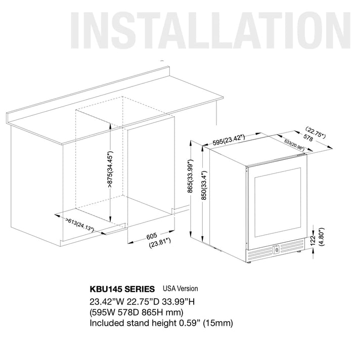 Kings Bottle 24 Inch Under Counter LOW-E Glass Door Single Zone Wine Cooler - KBU145WX-FG RHH