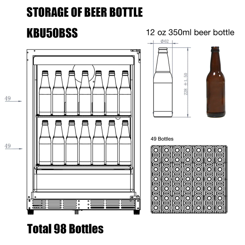 Kings Bottle 48 Inch Glass Door Wine And Beverage Fridge Center Built In - KBU50BW3-SS