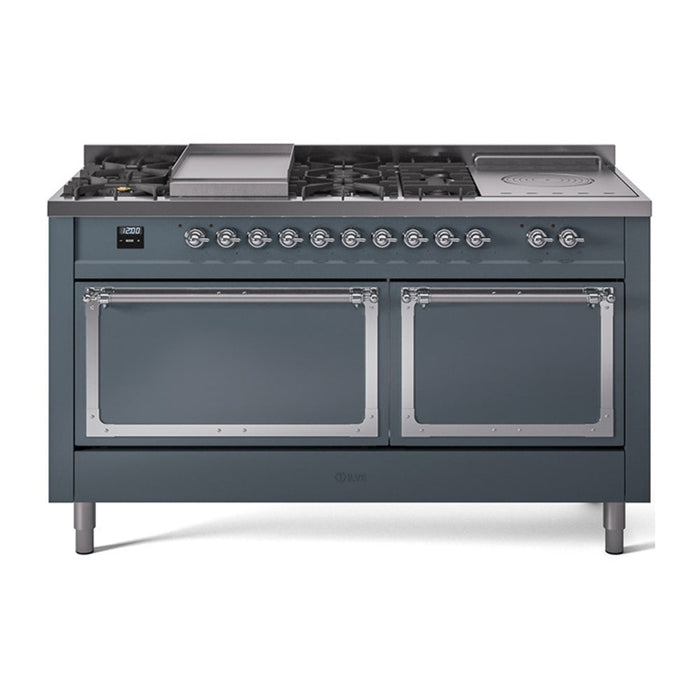 ILVE Nostalgie II Noblesse 60" Dual Fuel Freestanding Range with 7 Sealed Burners + Griddle + French Top with Solid Door - UN60FSQNMP