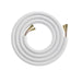 White garden hose with brass connectors on a white background