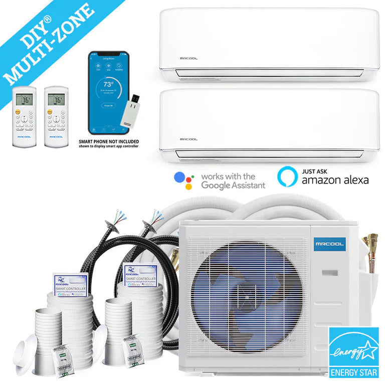 MRCOOL DIY Mini Split - 21,000 BTU 2 Zone Ductless Air Conditioner and Heat Pump with 16 ft. and 25 ft. Install Kit, DIYM227HPW00C01