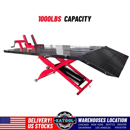 Side view of Katool KT-MOTO100LT motorcycle lift showing red steel frame and textured black platform with ramp.