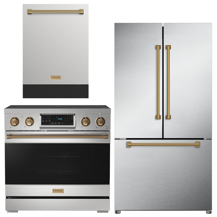 Gordon Ramsay by THOR Kitchen Package - 36" Electric Range, 36" Refrigerator with Ice Maker and Dishwasher in Stainless Steel with Black Accents, AP-RSE36-2