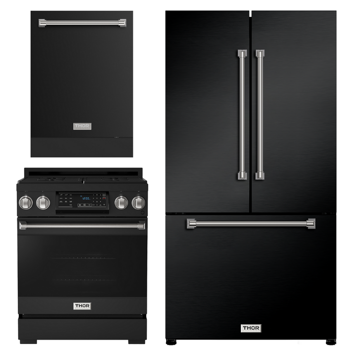 Gordon Ramsay by THOR Kitchen Package - 30" Gas Range, 36" Refrigerator with Ice Maker and Dishwasher in Stainless Steel with Black Accents, AP-RSG30B-2