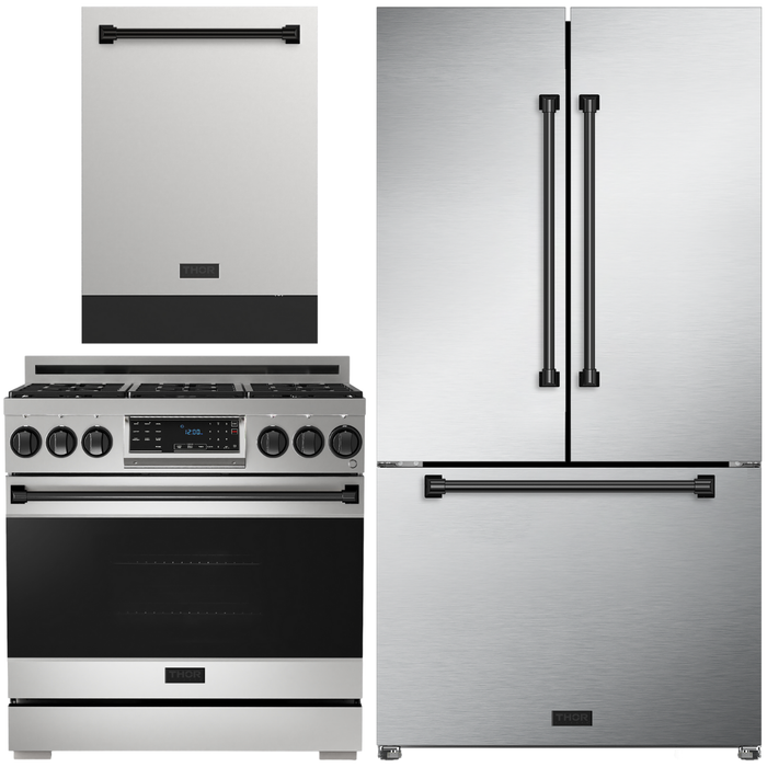 Gordon Ramsay by THOR Kitchen Package - 36" Gas Range, 36" Refrigerator with Ice Maker and Dishwasher in Stainless Steel, AP-RSG36-2