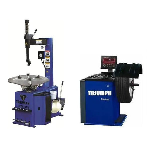Triumph NTC-950 Tire Changer and NTB-800 Wheel Balancer combo units side by side


