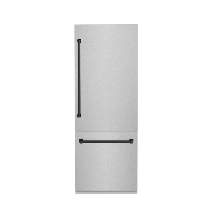 ZLINE Autograph Edition 30 in. 16.1 cu. ft. Built-In Bottom Freezer Refrigerator with Water Dispenser and Ice Maker in Satin Stainless Steel with Matte Black Accents (RBIVZ-SN-30-MB)