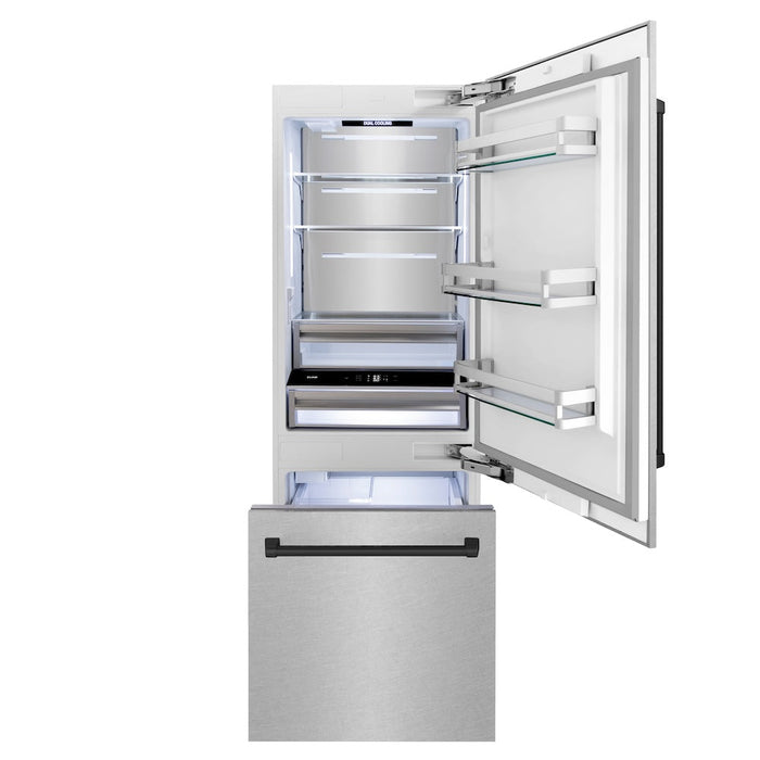 ZLINE Autograph Edition 30 in. 16.1 cu. ft. Built-In Bottom Freezer Refrigerator with Water Dispenser and Ice Maker in Satin Stainless Steel with Matte Black Accents (RBIVZ-SN-30-MB)