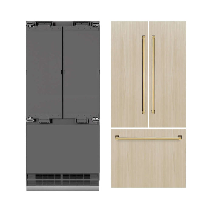 ZLINE Autograph Edition 36 in. 19.6 cu. ft. Panel Ready French Door Built-In Bottom Freezer Refrigerator with Water Dispenser and Ice Maker with Graphite Gray Interior and Polished Gold Accents (GRBIVZ-36-G)
