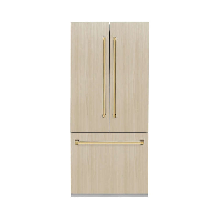 ZLINE Autograph Edition 36 in. 19.6 cu. ft. Panel Ready French Door Built-In Bottom Freezer Refrigerator with Water Dispenser and Ice Maker with Graphite Gray Interior and Polished Gold Accents (GRBIVZ-36-G)