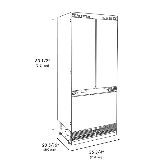 ZLINE Autograph Edition 36-Inch 19.6 cu. ft. Panel Ready Built-in 3-Door French Door Refrigerator with Internal Water and Ice Dispenser with Champagne Bronze Handles (RBIVZ-36-CB)