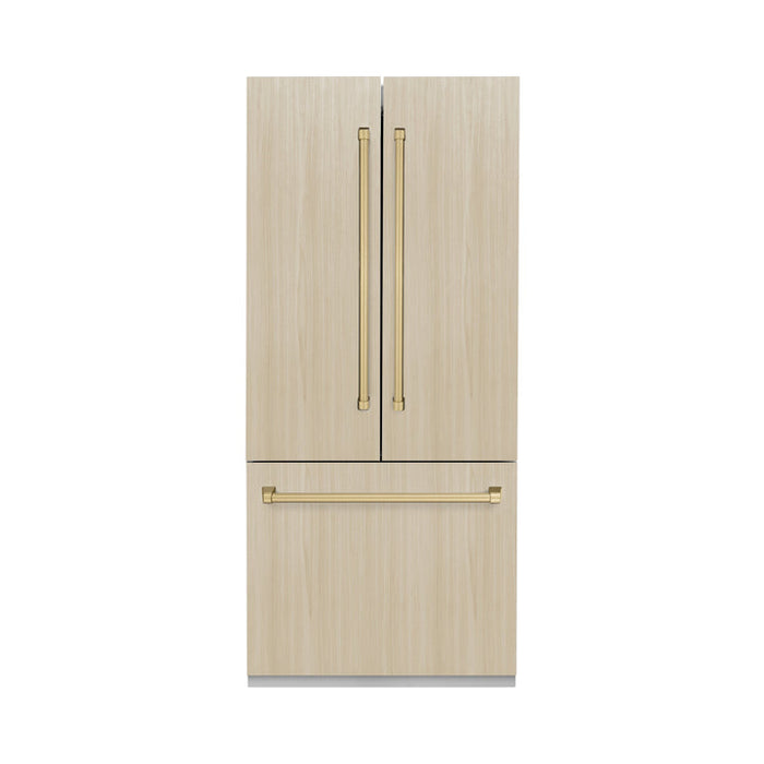 ZLINE Autograph Edition 36-Inch 19.6 cu. ft. Panel Ready Built-in 3-Door French Door Refrigerator with Internal Water and Ice Dispenser with Champagne Bronze Handles (RBIVZ-36-CB)