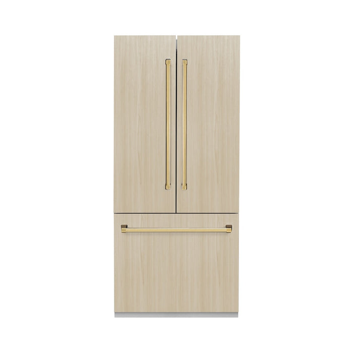 ZLINE Autograph Edition 36 in. 19.6 cu. ft. Panel Ready French Door Built-In Bottom Freezer Refrigerator with Water Dispenser and Ice Maker with Polished Gold Accents (RBIVZ-36-G)