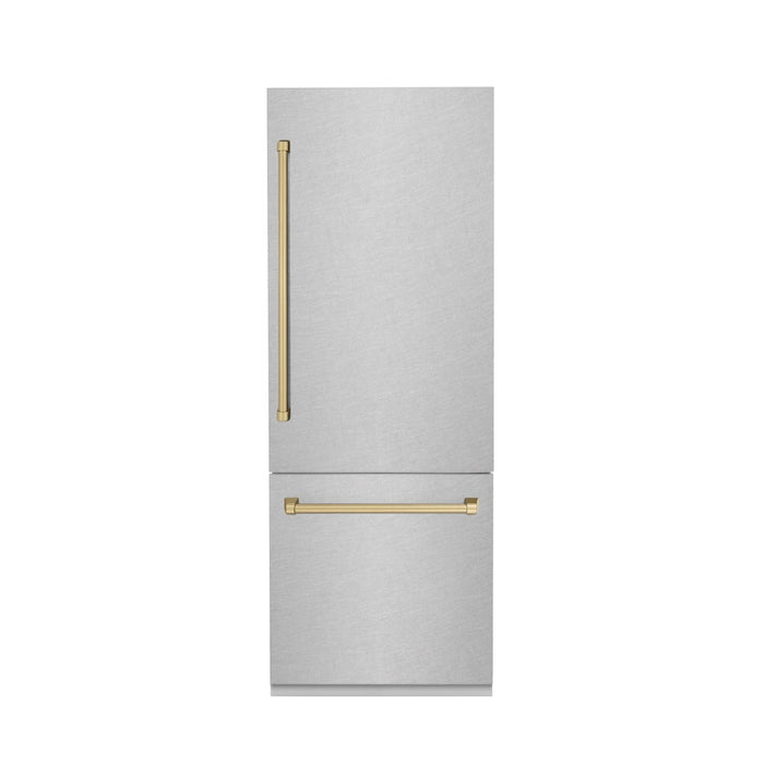 ZLINE Autograph Edition 30 in. 16.1 cu. ft. Built-In Bottom Freezer Refrigerator with Water Dispenser and Ice Maker in Satin Stainless Steel with Champagne Bronze Accents (RBIVZ-SN-30-CB)