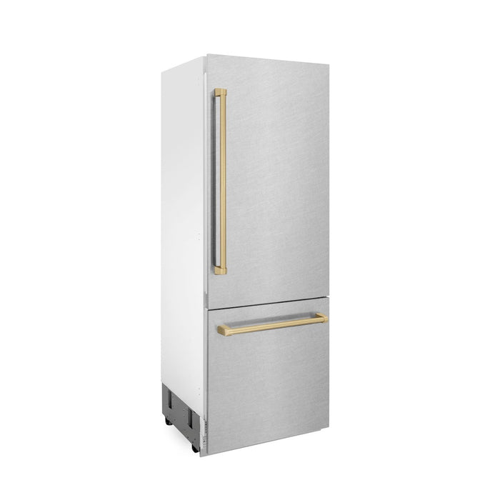 ZLINE Autograph Edition 30 in. 16.1 cu. ft. Built-In Bottom Freezer Refrigerator with Water Dispenser and Ice Maker in Satin Stainless Steel with Champagne Bronze Accents (RBIVZ-SN-30-CB)