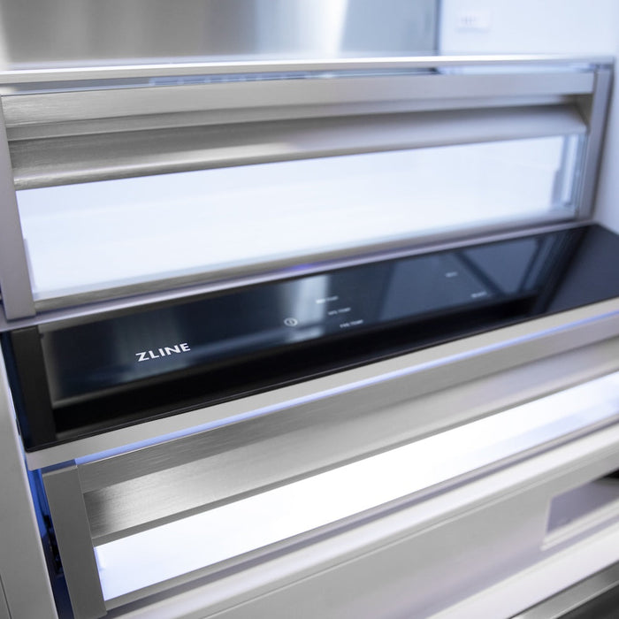ZLINE Autograph Edition 30 in. 16.1 cu. ft. Built-In Bottom Freezer Refrigerator with Water Dispenser and Ice Maker in Satin Stainless Steel with Polished Gold Accents (RBIVZ-SN-30-G)