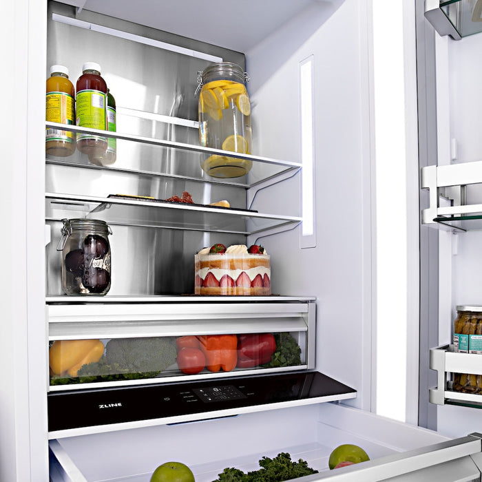 ZLINE Autograph Edition 30 in. 16.1 cu. ft. Built-In Bottom Freezer Refrigerator with Water Dispenser and Ice Maker in Satin Stainless Steel with Polished Gold Accents (RBIVZ-SN-30-G)