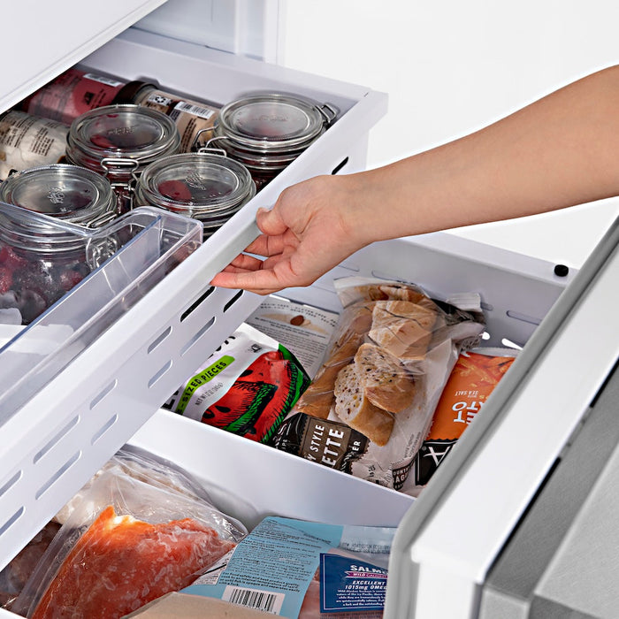 ZLINE Autograph Edition 30 in. 16.1 cu. ft. Built-In Bottom Freezer Refrigerator with Water Dispenser and Ice Maker in Satin Stainless Steel with Polished Gold Accents (RBIVZ-SN-30-G)