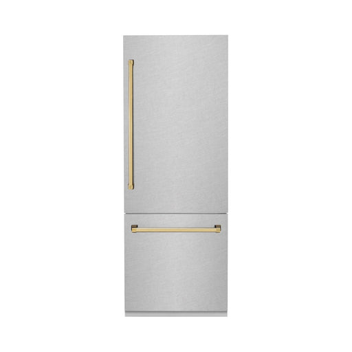 ZLINE Autograph Edition 30 in. 16.1 cu. ft. Built-In Bottom Freezer Refrigerator with Water Dispenser and Ice Maker in Satin Stainless Steel with Polished Gold Accents (RBIVZ-SN-30-G)