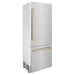 ZLINE Autograph Edition 30 in. 16.1 cu. ft. Built-In Bottom Freezer Refrigerator with Water Dispenser and Ice Maker in Satin Stainless Steel with Polished Gold Accents (RBIVZ-SN-30-G)