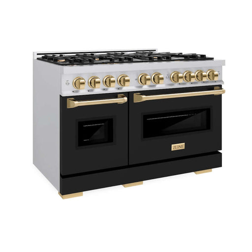 ZLINE Autograph Edition 48 in. 6.7 cu. ft. Classic Double Oven Dual Fuel Range with 8 Burner Gas Cooktop in Stainless Steel with Black Matte Doors and Polished Gold Accents (CDRZ-BLM-48-G)