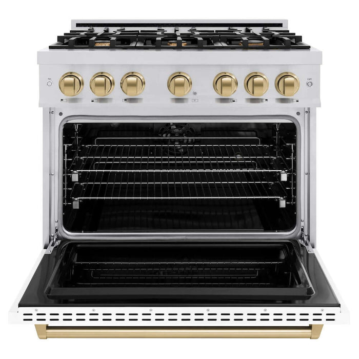 ZLINE Autograph Edition 36 in. 5.2 cu. ft. Classic Dual Fuel Range with 6 Burner Gas Cooktop and Electric Convection Oven in Stainless Steel with White Matte Door and Champagne Bronze Accents (CDRZ-WM-36-CB)