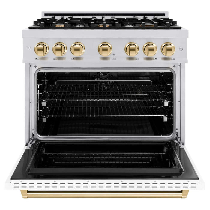 ZLINE Autograph Edition 36 in. 5.2 cu. ft. Classic Dual Fuel Range with 6 Burner Gas Cooktop and Electric Convection Oven in Stainless Steel with White Matte Door and Polished Gold Accents (CDRZ-WM-36-G)