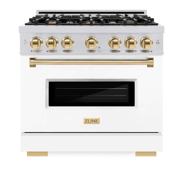 ZLINE Autograph Edition 36 in. 5.2 cu. ft. Classic Dual Fuel Range with 6 Burner Gas Cooktop and Electric Convection Oven in Stainless Steel with White Matte Door and Polished Gold Accents (CDRZ-WM-36-G)
