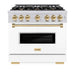 ZLINE Autograph Edition 36 in. 5.2 cu. ft. Classic Dual Fuel Range with 6 Burner Gas Cooktop and Electric Convection Oven in Stainless Steel with White Matte Door and Polished Gold Accents (CDRZ-WM-36-G)
