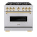 ZLINE Autograph Edition 36 in. 5.2 cu. ft. Classic Gas Range with 6 Burner Cooktop and Convection Gas Oven in Stainless Steel and Polished Gold Accents (CGRZ-36-G)