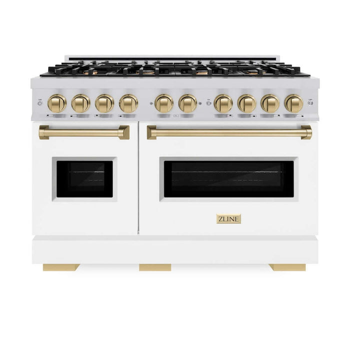 ZLINE Autograph Edition 48 in. 6.7 cu. ft. Classic Double Oven Gas Range with 8 Burner Cooktop in Stainless Steel with White Matte Doors and Champagne Bronze Accents (CGRZ-WM-48-CB)