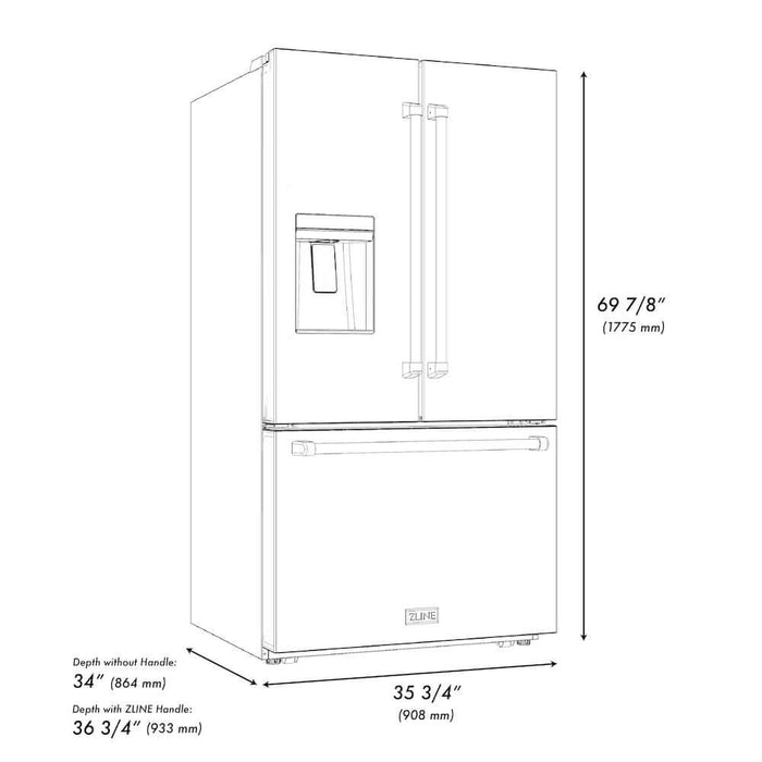 ZLINE Autograph Edition 36 in. 28.9 cu. ft. Standard-Depth French Door External Water Dispenser Refrigerator with Dual Ice Maker in Fingerprint-Resistant Black Stainless Steel and Polished Gold Traditional Handles (RSMZ-W-36-BS-G)