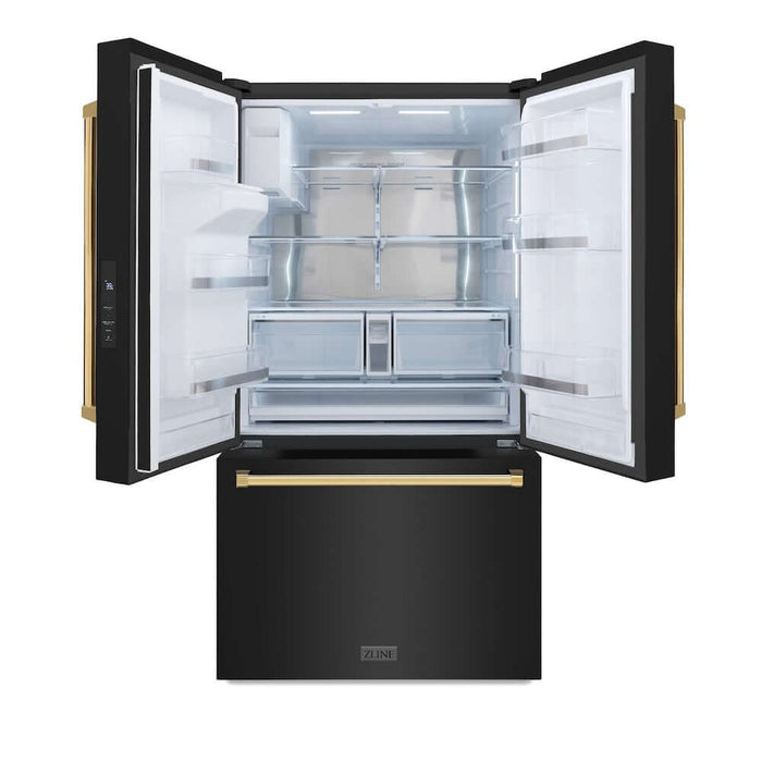 ZLINE Autograph Edition 36 in. 28.9 cu. ft. Standard-Depth French Door External Water Dispenser Refrigerator with Dual Ice Maker in Fingerprint-Resistant Black Stainless Steel and Polished Gold Traditional Handles (RSMZ-W-36-BS-G)