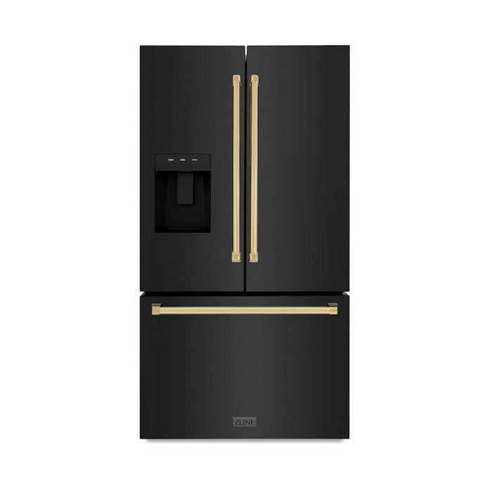ZLINE Autograph Edition 36 in. 28.9 cu. ft. Standard-Depth French Door External Water Dispenser Refrigerator with Dual Ice Maker in Fingerprint-Resistant Black Stainless Steel and Polished Gold Traditional Handles (RSMZ-W-36-BS-G)