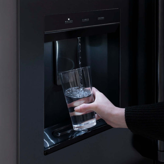 ZLINE Autograph Edition 36 in. 28.9 cu. ft. Standard-Depth French Door External Water Dispenser Refrigerator with Dual Ice Maker in Fingerprint-Resistant Black Stainless Steel and Polished Gold Traditional Handles (RSMZ-W-36-BS-G)