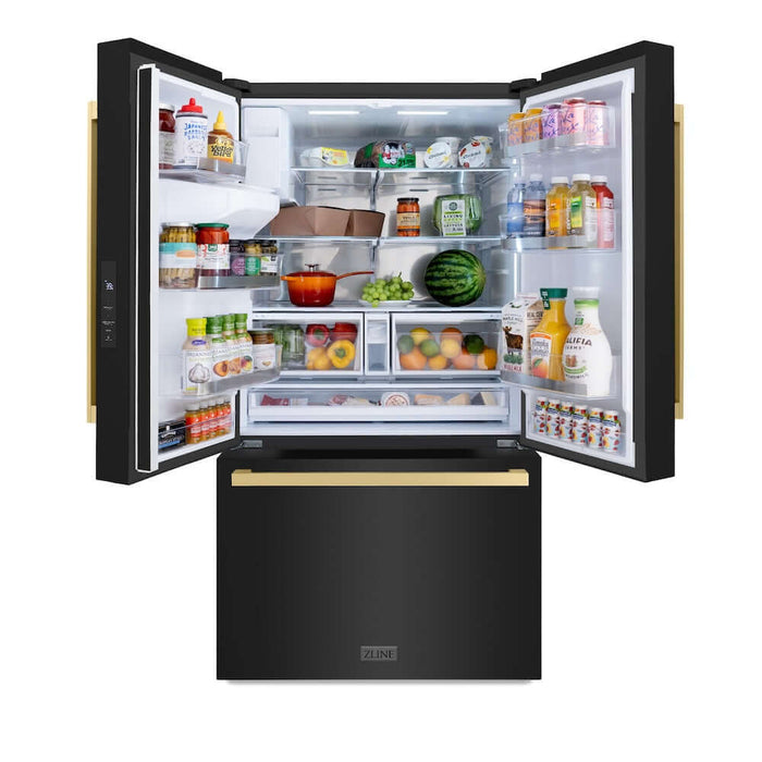 ZLINE Autograph Edition 36 in. 28.9 cu. ft. Standard-Depth French Door External Water Dispenser Refrigerator with Dual Ice Maker in Fingerprint-Resistant Black Stainless Steel and Champagne Bronze Modern Handles (RSMZ-W36-BS-FCB)