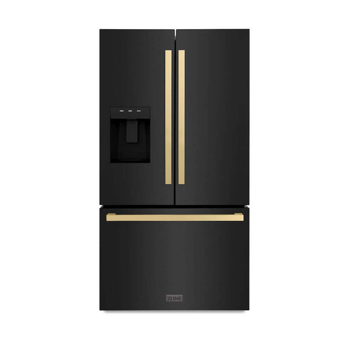 ZLINE Autograph Edition 36 in. 28.9 cu. ft. Standard-Depth French Door External Water Dispenser Refrigerator with Dual Ice Maker in Fingerprint-Resistant Black Stainless Steel and Champagne Bronze Modern Handles (RSMZ-W36-BS-FCB)