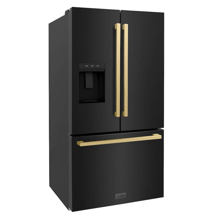 ZLINE Autograph Edition 36 in. 28.9 cu. ft. Standard-Depth French Door External Water Dispenser Refrigerator with Dual Ice Maker in Fingerprint-Resistant Black Stainless Steel and Champagne Bronze Modern Handles (RSMZ-W36-BS-FCB)