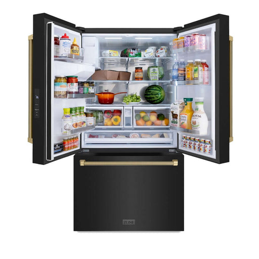 ZLINE Autograph Edition 36 in. 28.9 cu. ft. Standard-Depth French Door External Water Dispenser Refrigerator with Dual Ice Maker in Fingerprint-Resistant Black Stainless Steel and Champagne Bronze Helix Handles (RSMZ-W36-BS-KCB)