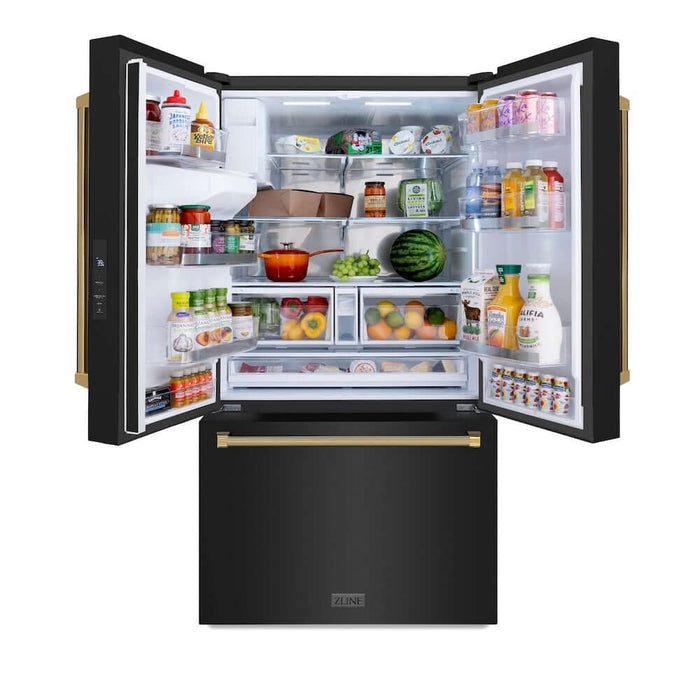 ZLINE Autograph Edition 36 in. 28.9 cu. ft. Standard-Depth French Door External Water Dispenser Refrigerator with Dual Ice Maker in Fingerprint-Resistant Black Stainless Steel and Polished Gold Helix Handles (RSMZ-W-36-BS-KG)