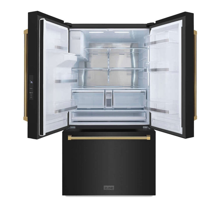 ZLINE Autograph Edition 36 in. 28.9 cu. ft. Standard-Depth French Door External Water Dispenser Refrigerator with Dual Ice Maker in Fingerprint-Resistant Black Stainless Steel and Polished Gold Helix Handles (RSMZ-W-36-BS-KG)