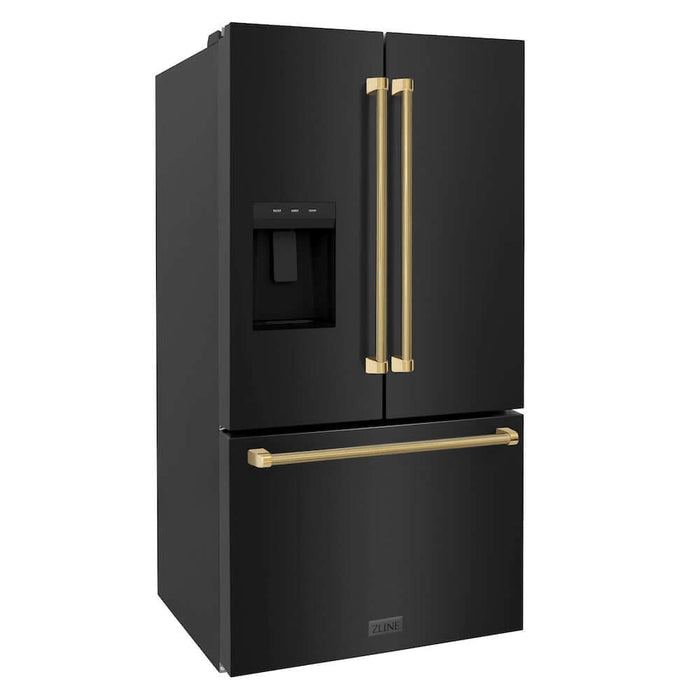 ZLINE Autograph Edition 36 in. 28.9 cu. ft. Standard-Depth French Door External Water Dispenser Refrigerator with Dual Ice Maker in Fingerprint-Resistant Black Stainless Steel and Polished Gold Helix Handles (RSMZ-W-36-BS-KG)