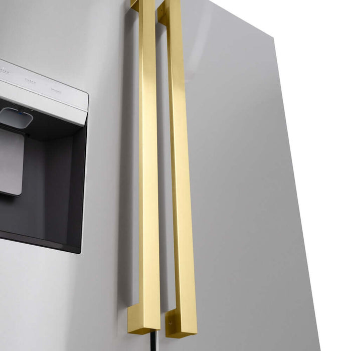ZLINE Autograph Edition 36 in. 28.9 cu. ft. Standard-Depth French Door External Water Dispenser Refrigerator with Dual Ice Maker in Fingerprint-Resistant Stainless Steel and Polished Gold Modern Handles (RSMZ-W-36-FG)