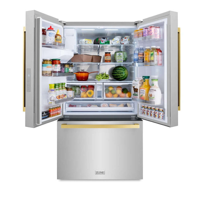 ZLINE Autograph Edition 36 in. 28.9 cu. ft. Standard-Depth French Door External Water Dispenser Refrigerator with Dual Ice Maker in Fingerprint-Resistant Stainless Steel and Polished Gold Modern Handles (RSMZ-W-36-FG)