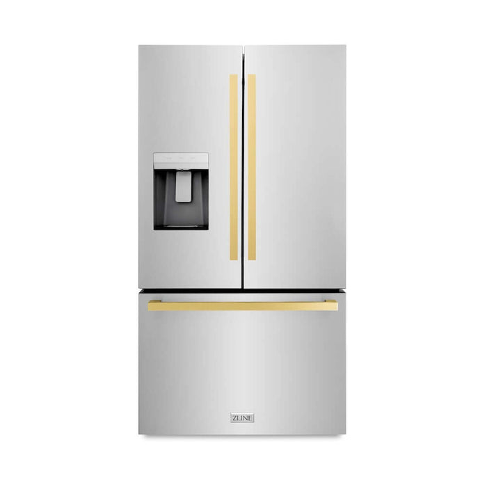 ZLINE Autograph Edition 36 in. 28.9 cu. ft. Standard-Depth French Door External Water Dispenser Refrigerator with Dual Ice Maker in Fingerprint-Resistant Stainless Steel and Polished Gold Modern Handles (RSMZ-W-36-FG)