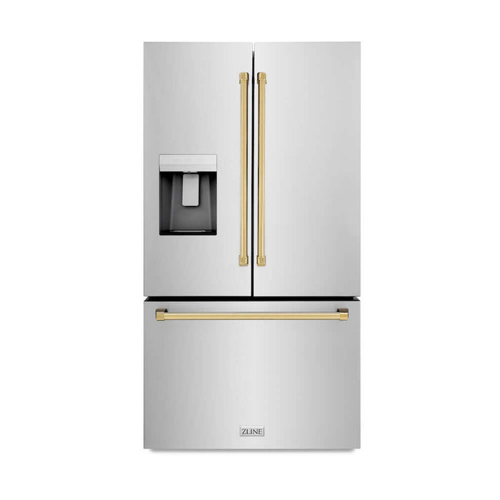 ZLINE Autograph Edition 36 in. 28.9 cu. ft. Standard-Depth French Door External Water Dispenser Refrigerator with Dual Ice Maker in Fingerprint-Resistant Stainless Steel and Polished Gold Traditional Handles (RSMZ-W-36-G)